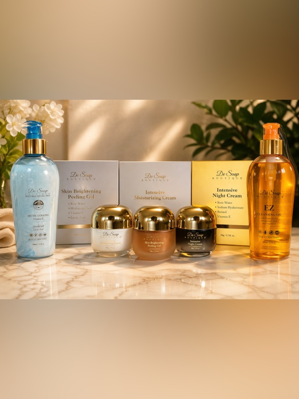 De Soap Skincare Set Brightening Peel Gel Night Cream Moisturizer Cleansing Oil